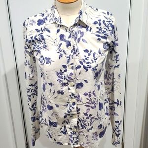 Buttom Down White and Navy Flower Shirt sz XS